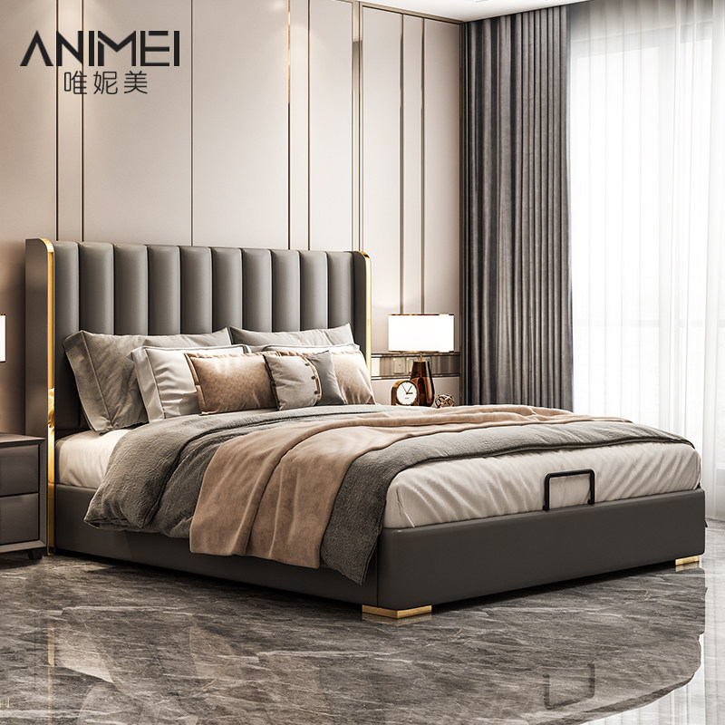 Real leather bed light extravagant modern minimalist Main bed high-end girl extremely simple double bed 1 8 m soft bag solid wood bed-Taobao