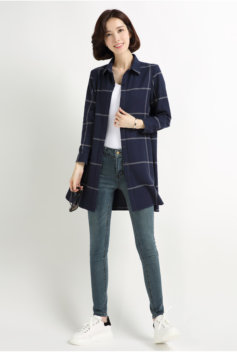 恒源祥 秋季新款中长款纯棉格子衬衫女长袖休