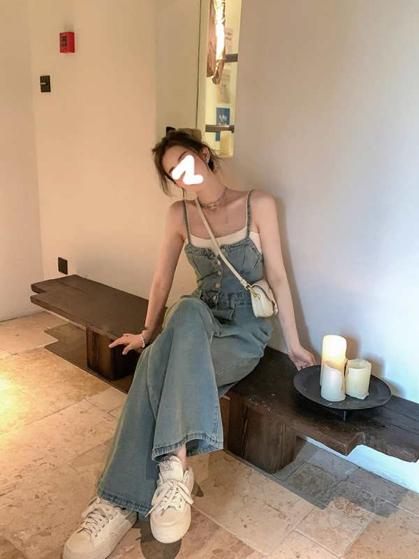 Korean Cihc Denim Overalls for Women, Summer High-Waisted Loose Slimming Straight-Leg Wide-Leg Pants, Vintage Suspender Jumpsuit Korean Cihc Denim Overalls for Women, Summer High-Waisted Loose Slimming Straight-Leg Wide-Leg Pants, Vintage Suspender Jumpsuit