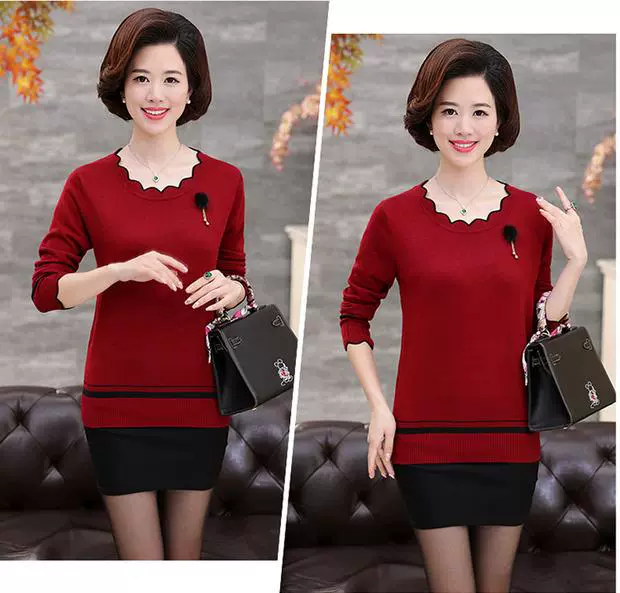 Áo sơ mi mẹ mùa thu đáy áo sơ mi dài tay trung niên của phụ nữ dệt kim áo len trung niên mùa xuân và mùa thu nửa cổ cao lỏng lẻo