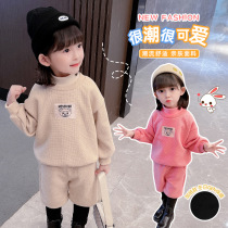 Girls thick sports suit 2021 autumn and winter clothes New Foreign style childrens leisure plus velvet sweater baby two-piece set
