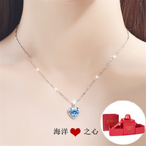 999 Pure Silver Necklace Lock Bone Crystal Marine Heart Pendant Fashion Sends Wifes Girlfriend Birthday Valentines Day Gift