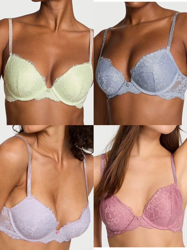 Victoria's Secret Rose Fantasy Lace Rhinestone Shiny Strap Push-Up Thin Cup Bra