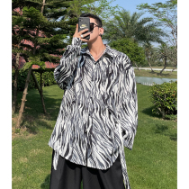 pop mens Korean retro ins zebra print shirt men lazy belt design loose casual shirt