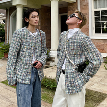 pop mens 21FW new color glazed small fragrant wind jacket mens round neck thick woolen plaid short coat tide tide