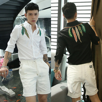 pop summer embroidery white shirt men mid-sleeve trendo man Korean slim Half sleeve very fairy shirt short sleeve