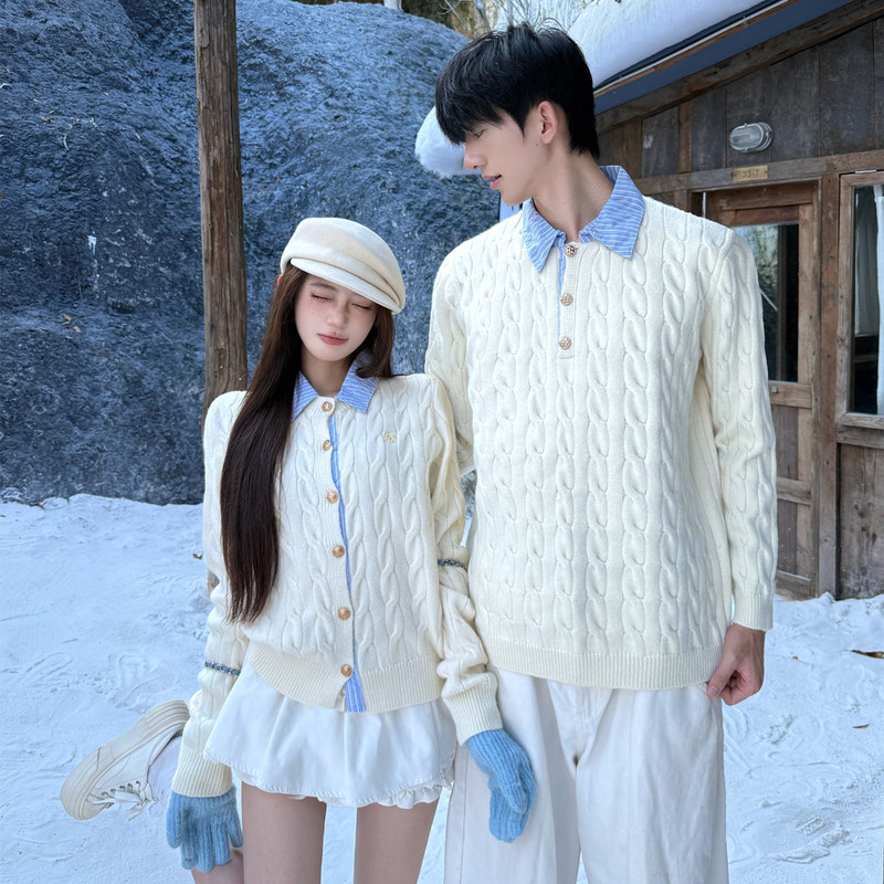 Couple's Clothing for Autumn and Winter ins Korean Style Atmospheric Preppy Sweater Polo Collar Fashionable Slimming French Knit Top