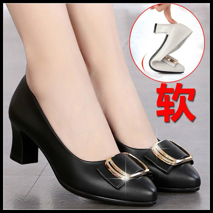 Mother's shoes single shoes leather soft bottom women's 2021 new spring and autumn cowhide women's shoes middle-aged 40-year-old shoes mid-heel leather shoes