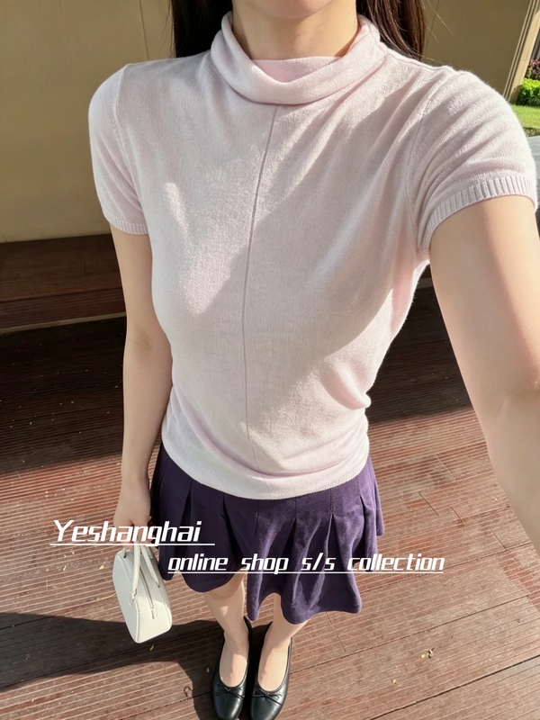 (Now) at the Same Style Cotton-Linen-Wool Blend Micro-Pile Collar Straight Shoulder X-Shaped Waist-Cinching High-Neck T-Shirt