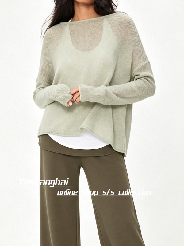In Stock: "Salon Blouse" Cashmere and Mulberry Silk Blend Loose Boat Neck Knit Blouse