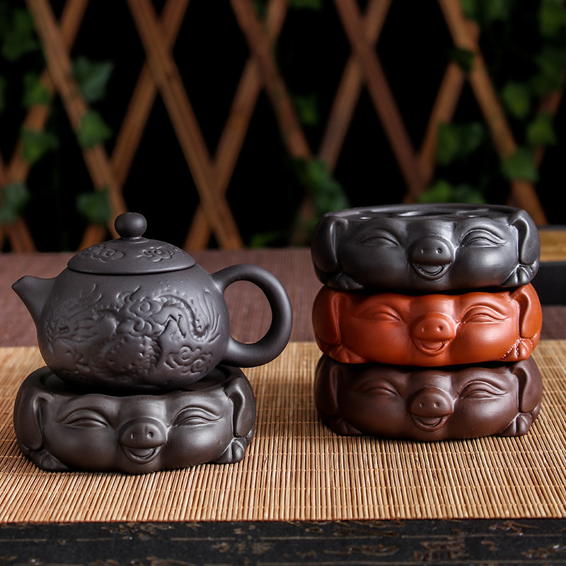 Purple sand pot pad pot bear pot tray tea tray zhao cai pig teapot round base pot mat kung fu tea coaster tea set accessories