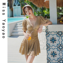 2021 new skirt-style one-piece swimsuit covering belly thin short-sleeved with chest pad Miss Yaoyao Korean hot spring swimsuit