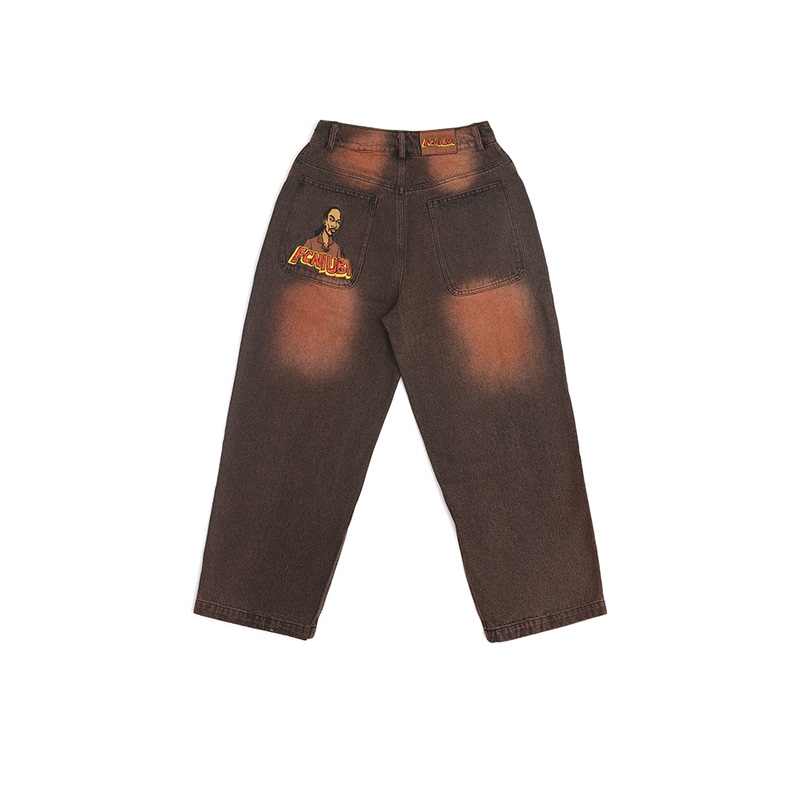 Fcniubi “Hip-Hop Character” Cartoon Embroidered American Retro Distressed Washed Denim Straight-Leg Skateboard Pants
