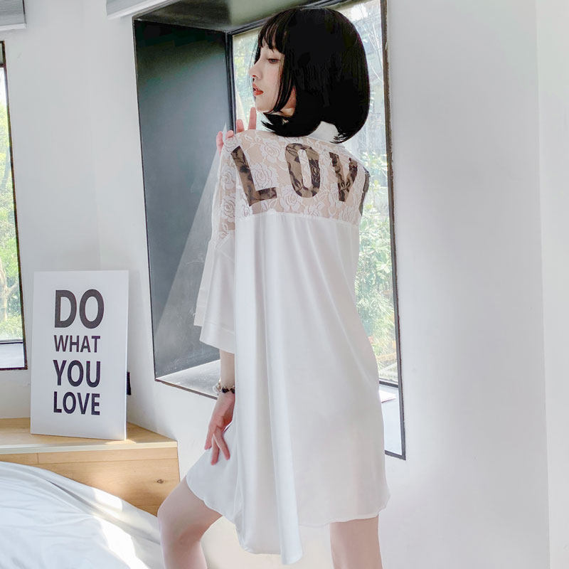 2022 new nightdress women's spring and summer ice silk short-sleeved thin sexy white lace large size silk pajamas