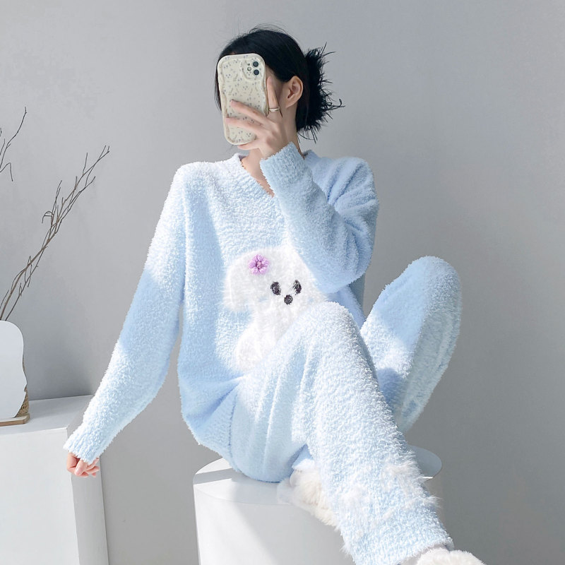 Cartoon Puppy Thickened Fleece Half-Velvet Pajamas for Women Winter 2026 New Coral Fleece Loungewear Winter Set