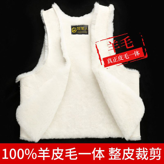 Autumn and winter middle-aged and elderly wool vest men's fur integrated plus velvet warm cotton vest real sheepskin vest dad wear