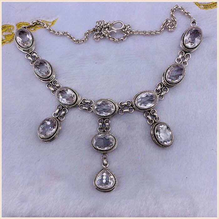 Nepal 925 Sterling Silver White Crystal Necklace Large Heavy Industry Hanfu Women Bali India Carved