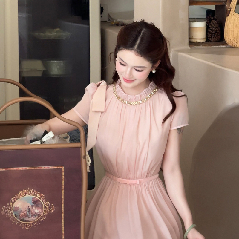 Lili Lili [Soft Mist Pink Tone] French-Style Gentle and Elegant Dress for Women, Beautiful Pink Waist-Cinching Long Dress