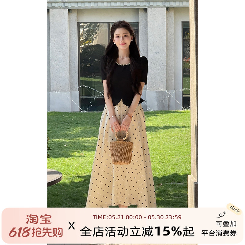 Lili Li Li's Home【Rome Diary】French Hepburn Style Polka Dot Dress 2026 Summer New Arrival Color-Block Long Dress Lili Li Li's Home【Rome Diary】French Hepburn Style Polka Dot Dress 2026 Summer New Arrival Color-Block Long Dress