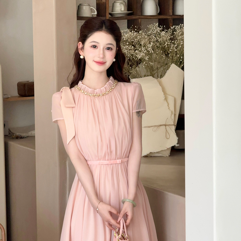 Lili Lili's Home [Soft Mist Pink Tone] French Gentle Lady Style Dress for Women, Beautiful Pink Waist-Cinching Long Dress