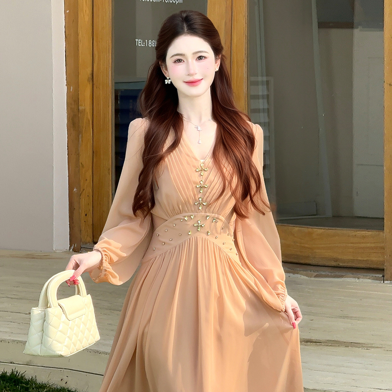Lili Lili【Red Orange Light】French Fairy Style Long Dress Autumn Heavy Embellishment V-Neck Orange Pink Dress