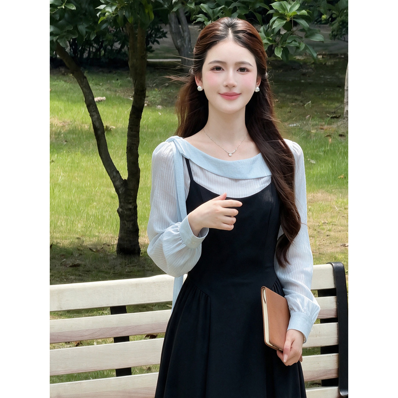 Lili Lili【Misty Fog】French-Style Black Faux Two-Piece Dress 2026 Autumn Hepburn-Style Long Dress for Women Lili Lili【Misty Fog】French-Style Black Faux Two-Piece Dress 2026 Autumn Hepburn-Style Long Dress for Women