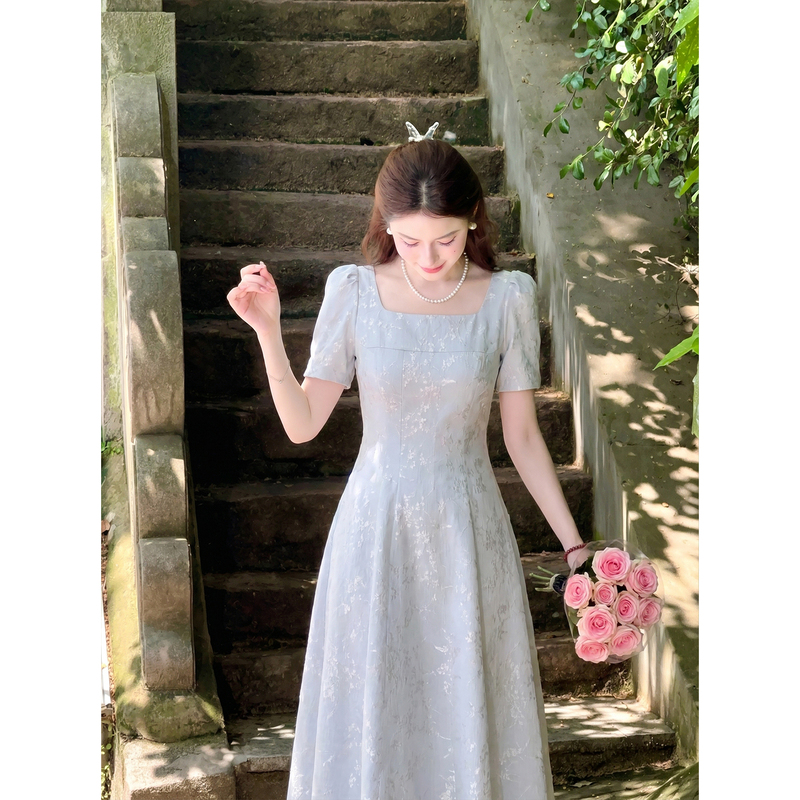 Lili Li Li's [Blue Love] 2026 Summer Square Neck Dress French Style Elegant High-End Long Dress