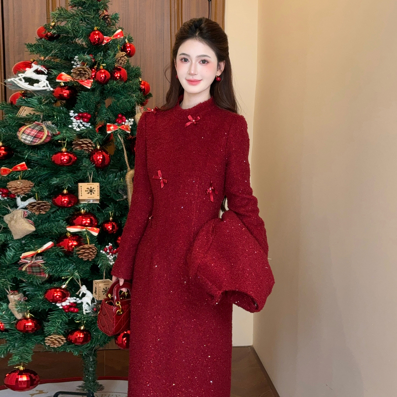 Lili Li Li【Strawberry Milk Puff】Chanel-Style down Jacket with Bow Dress Christmas Set for Women Winter Lili Li Li【Strawberry Milk Puff】Chanel-Style down Jacket with Bow Dress Christmas Set for Women Winter