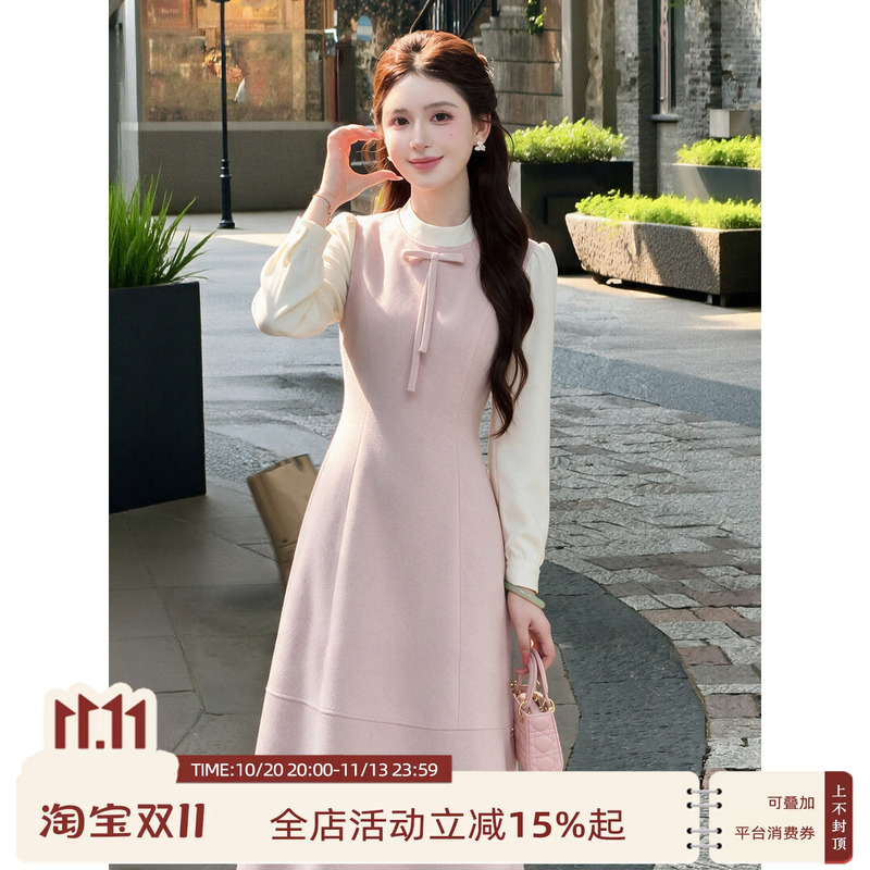Lili Lili【Annie Hall】Korean-Style Elegant Dress 2026 Autumn Slimming Bow Dress