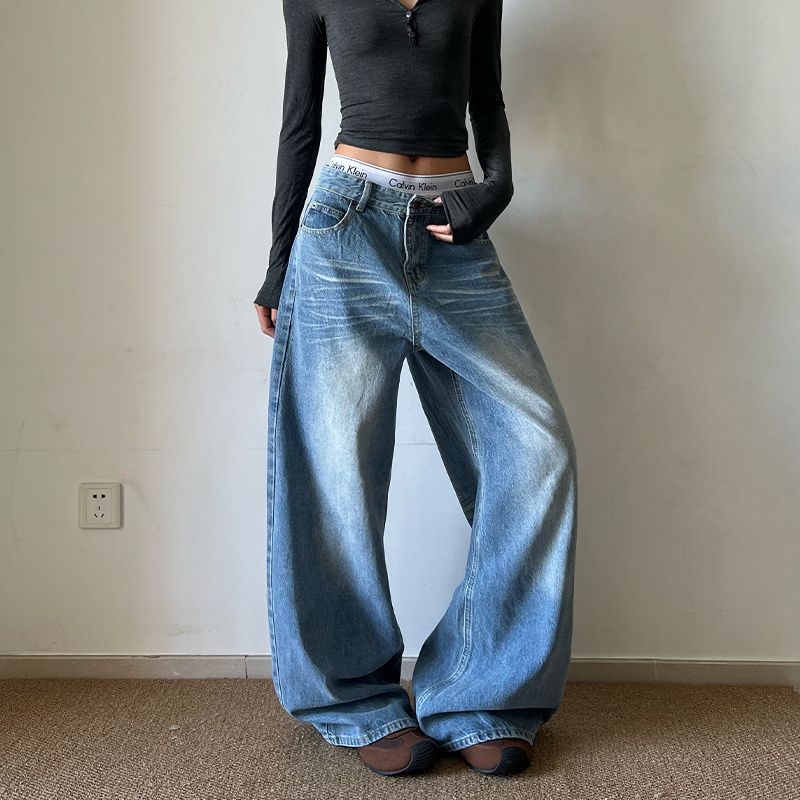 Breeze American Classic Washed Whiskered A-Line Straight-Leg Jeans Unisex Loose Floor-Length Pants Breeze American Classic Washed Whiskered A-Line Straight-Leg Jeans Unisex Loose Floor-Length Pants