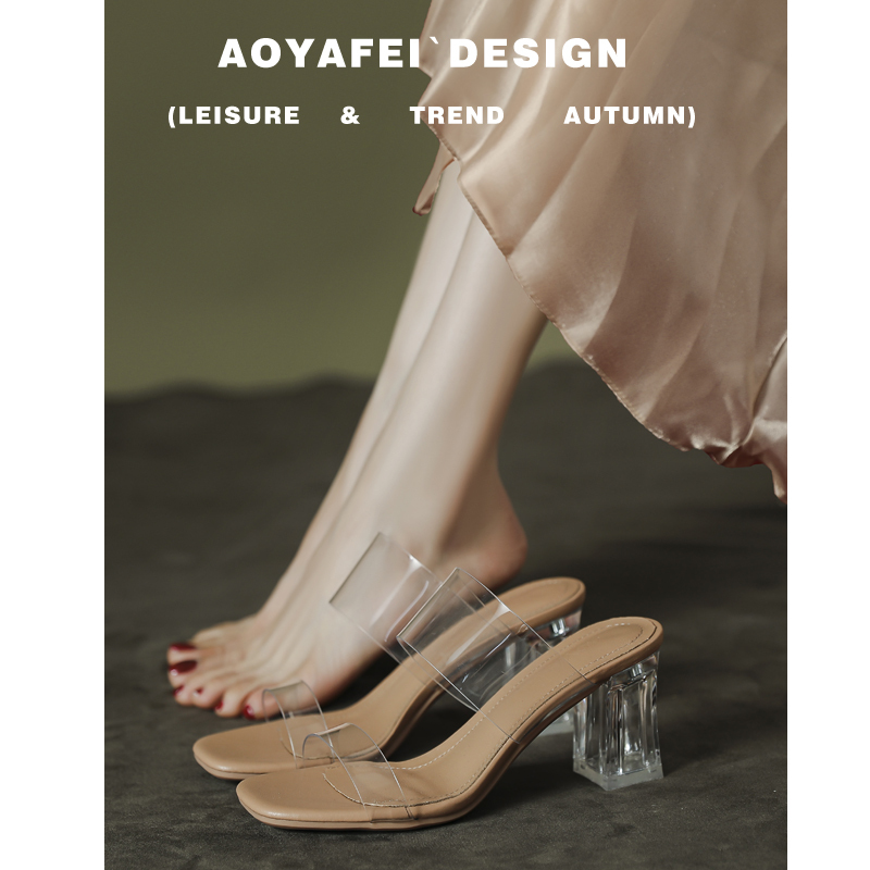 D.Cielo~ Lambskin Transparent Sandals for Women 2026 New Summer Flat Mid-Heel Chunky Heel High-Heeled Sandals