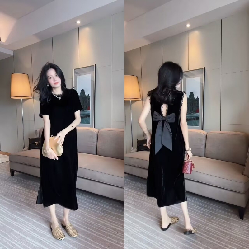 Velvet Black Dress for Women, Summer 2026, Round Neck, Backless, Tie-Up Bow, Loose, Stylish, Bodycon Long Dress
