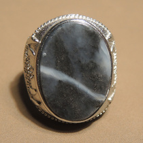 Rare hot sale of dialect Hetian jade clear black and white oily blue and white artistic conception silver inlaid jade ring h0
