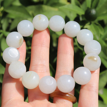 Popular dialect brand boutique Xinjiang hanging gold skin with leather holes blue and white bottom white jade seed material round beads 15mm bracelet O2