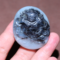 Dialect brand Hetian jade collection grade Xinjiang old ripe poly ink blue and white seed material beautifully carved yellow God of Wealth pendant pendant O8