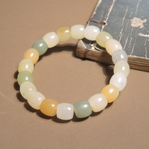 I was stunned by the exquisite dialect quality Hetian jade delicate and yellowish material sugar white jade blue and white colorful old-style bead bracelet h0