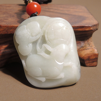 Dialect Hetian jade boutique collection rare yellow brown leather artistic conception blue and white seed material playfully carved zodiac rabbit pendant pendant R8