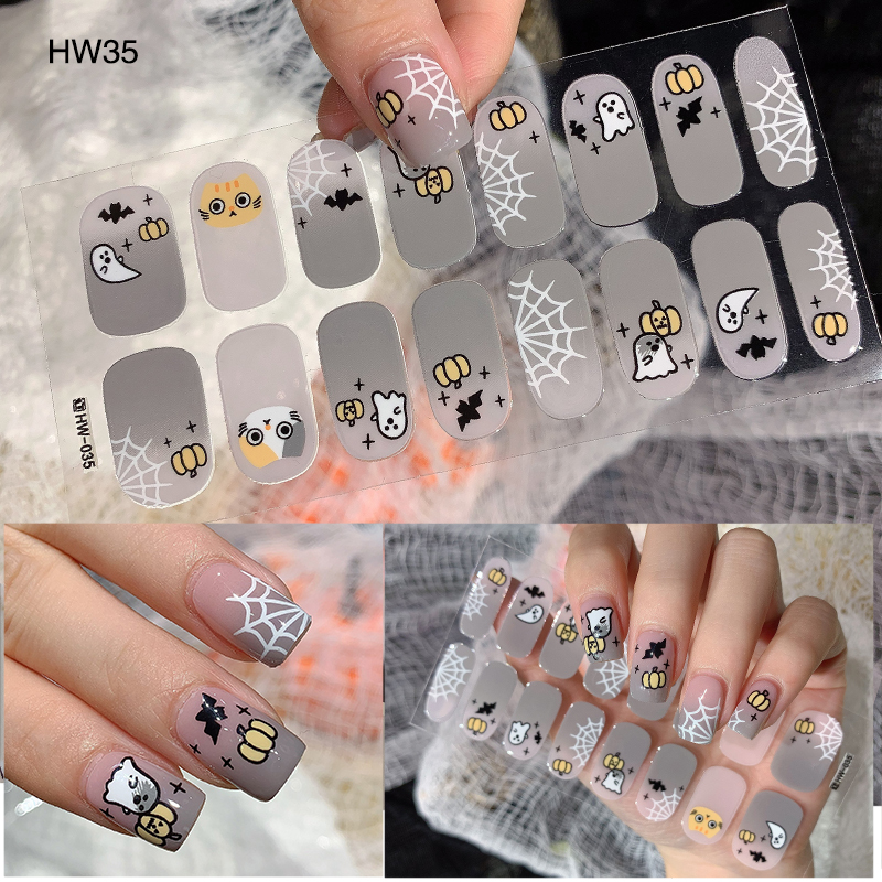 Dark Spider Web Nail Art Stickers Halloween Little Ghost Pumpkin Cartoon Adhesive Self-Adhesive Nail Stickers Cute Full Cover