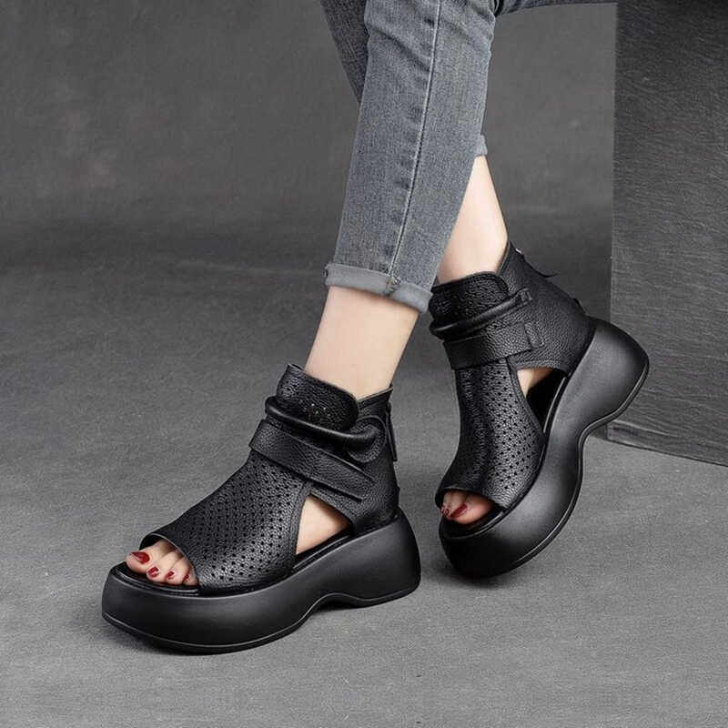 2026 Summer New Leather Breathable Hollow Hole Shoes Fashion Thick-soled Fish Mouth Sandals Women's High-heeled Roman Short Boots_voghion.com
