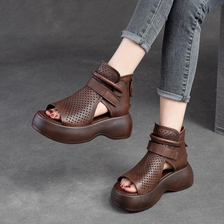 Sandalias Romanas De Cuero Para Mujer Con Plataforma Y Tacón_voghion.com
