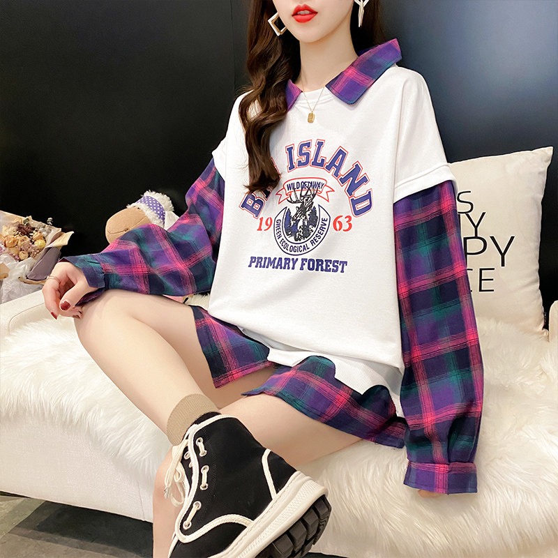 2021 Springtime Pregnant Woman Loose Blouses Veil Korean version of thin section Lattice Splicing Thick T-Shirt Large Size Code Fake Two Coats Women