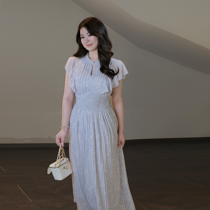 Plus-Size Women's Clothing [Teng Zi Sha Hui Zi] French-Style Gentle and Elegant Pleated Dress for Plus-Size Women Q8814
