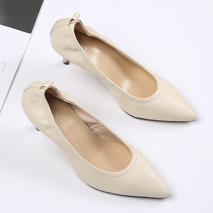 Fetal cowhide OL women's shoes 2022 autumn stiletto shallow mouth pointed toe work shoes genuine leather mid-high heel moccasins single shoes women