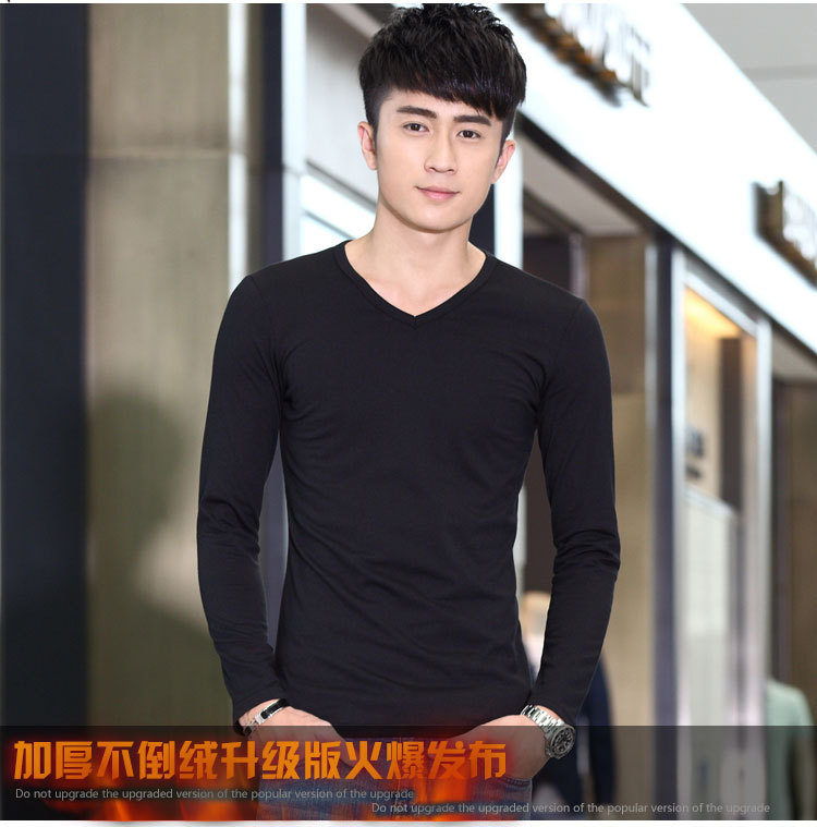 Áo ấm nam cộng với nhung dày cổ chữ V mùa đông trắng đơn mảnh quần áo mùa thu cổ tròn thanh niên bó sát nhiệt ao giu nhiet lot long