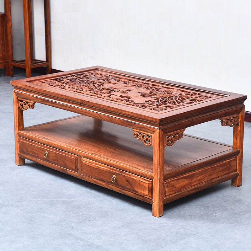 Solid wood antique tea table mandarin duck carved Chinese style Ming and Qing classical south elm tea table log four drawers living room coffee table