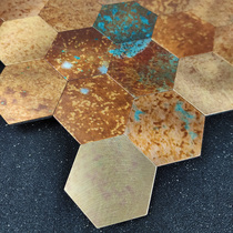 Bronze Mosaic self-adhesive wall sticker background wall tile Rust color Metal Vintage hexagonal long strip Stainless steel gold