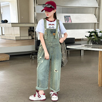 Girls denim overalls suit summer 2024 new fashionable medium and large childrens summer wear childrens thin pants