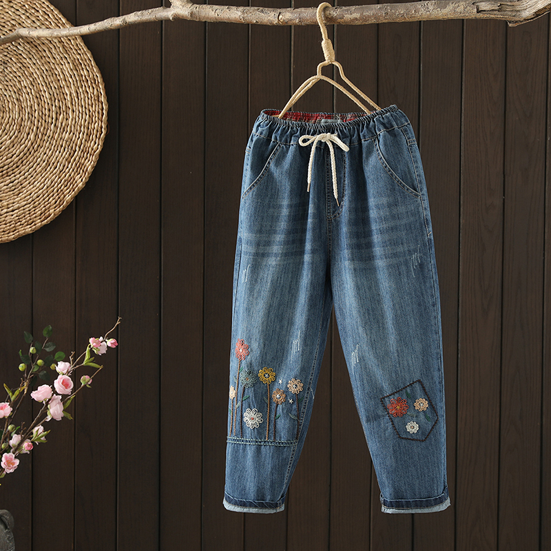Elastic Waist Embroidered Denim Capri Pants, Embroidered Pants for Women, Summer Loose Fit, 2024 New Style Harem Pants, High Waist, Thin Style Elastic Waist Embroidered Denim Capri Pants, Embroidered Pants for Women, Summer Loose Fit, 2024 New Style Harem Pants, High Waist, Thin Style