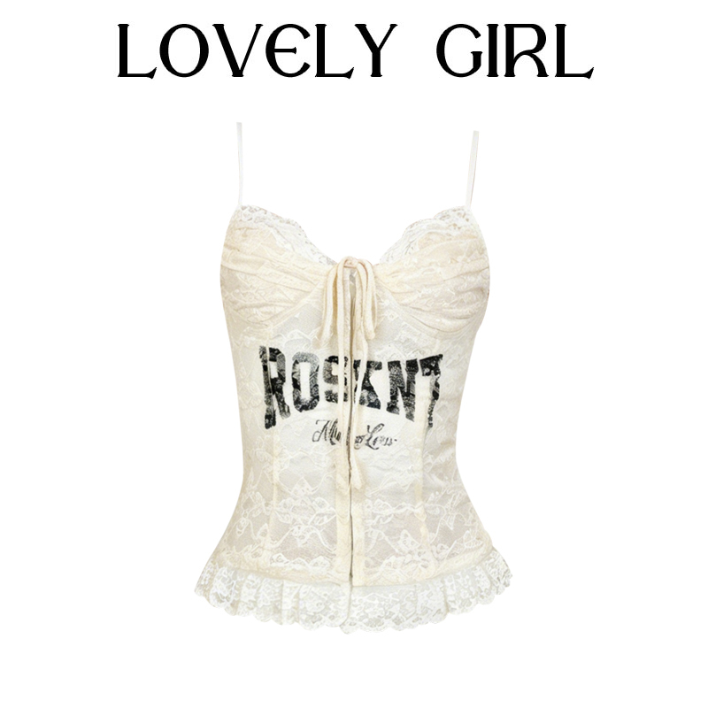 American Retro Lace-Up Letter Print Fishbone Bra for Women, New Spring/Summer Style, Pure and Sexy, Slimming Camisole