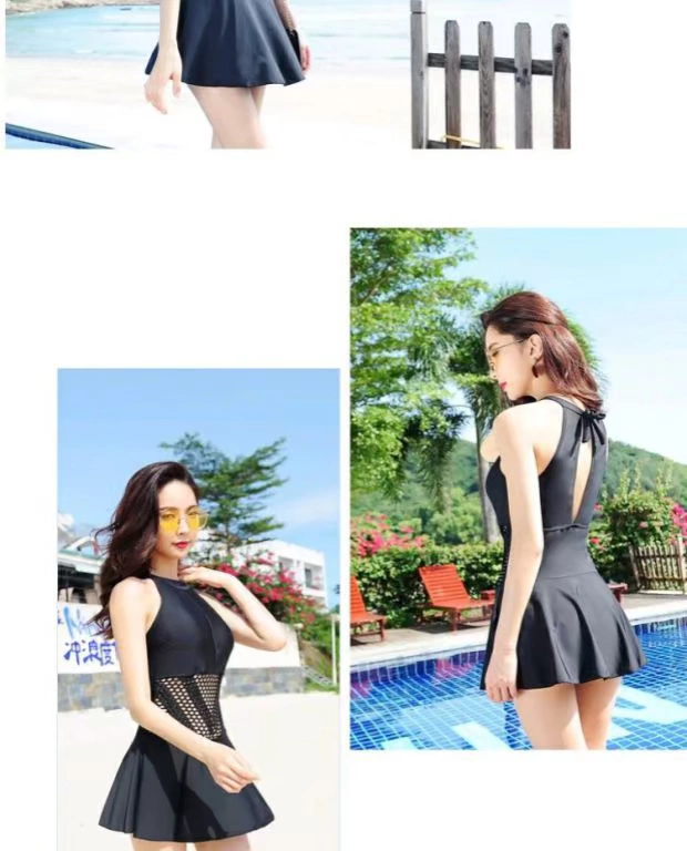 Áo tắm nữ bảo thủ váy một mảnh boxer thời trang Hàn Quốc cổ cao gợi cảm rỗng màu đen suối nước nóng 8622 - Bộ đồ bơi One Piece